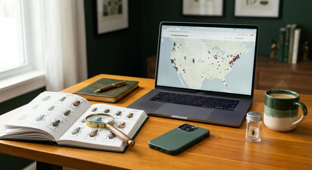 Magnifying glass on an insect field guide beside a laptop with a map of the United States