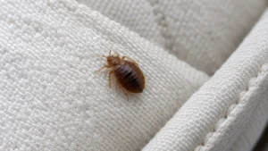 Adult bed bug on a white mattress near the seam