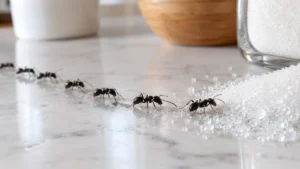 Trail of black ants walking to spilled sugar on a kitchen counter