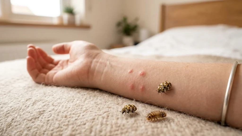 Carpet beetles and a fuzzy larva on a wool blanket next to an arm with small red itchy bumps