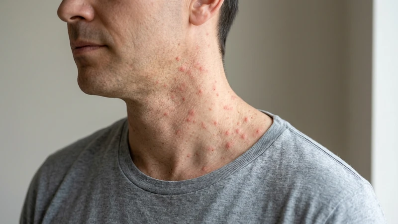 Red bumpy rash on the neck and shoulder that looks like carpet beetle bites