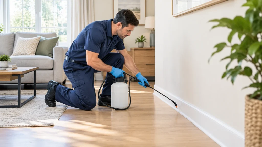 Pest control technician treating a living room baseboard