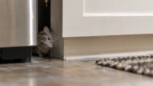 House mouse peeking out from under a kitchen cabinet