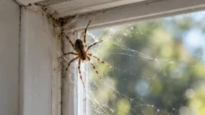 House spider on its web in a window corner