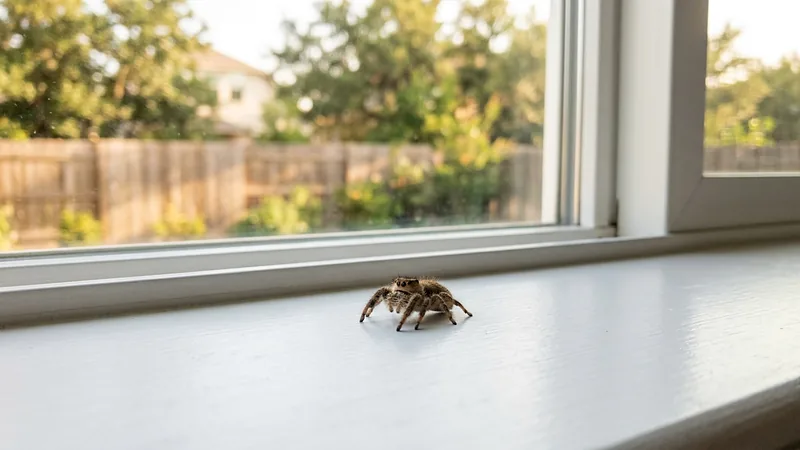 Jumping spider on a windowsill inside a Texas home