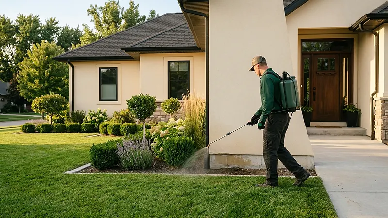 Pest control technician spraying a perimeter treatment around a suburban home
