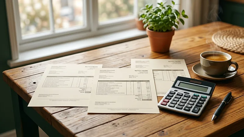 Comparing pest control service quotes with a calculator on a kitchen table