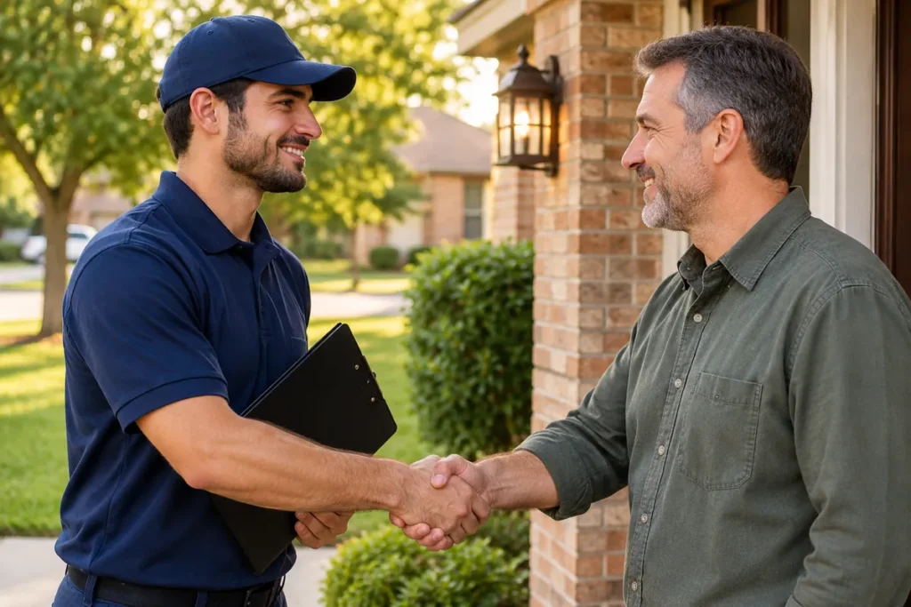 Pest control technician shaking hands with a homeowner at the front door