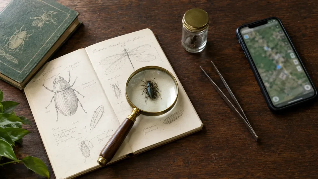 Magnifying glass over a beetle on a desk with insect sketches and tweezers