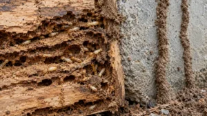 Subterranean termites in damaged wood with mud tubes on a foundation wall