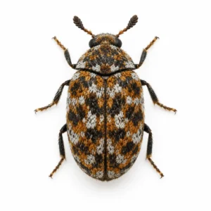Close-up of a varied carpet beetle with mottled scale pattern
