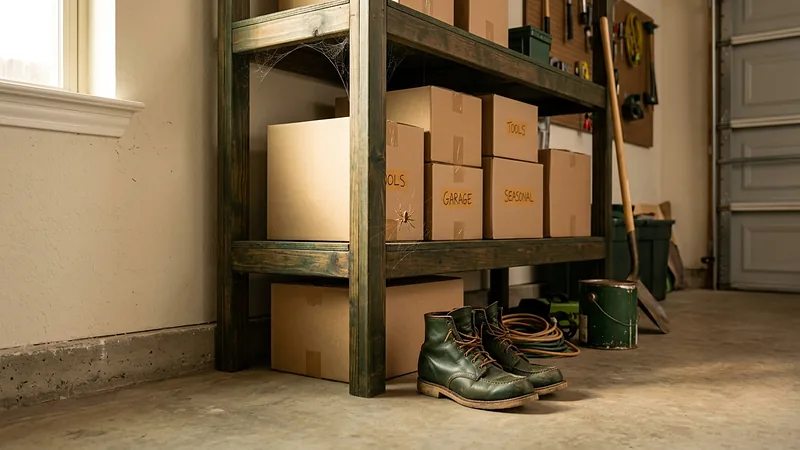 Spider and cobwebs on a garage shelf with stacked storage boxes in a Texas home