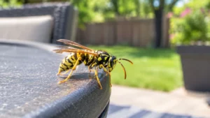 Yellowjacket wasp on the edge of a patio table